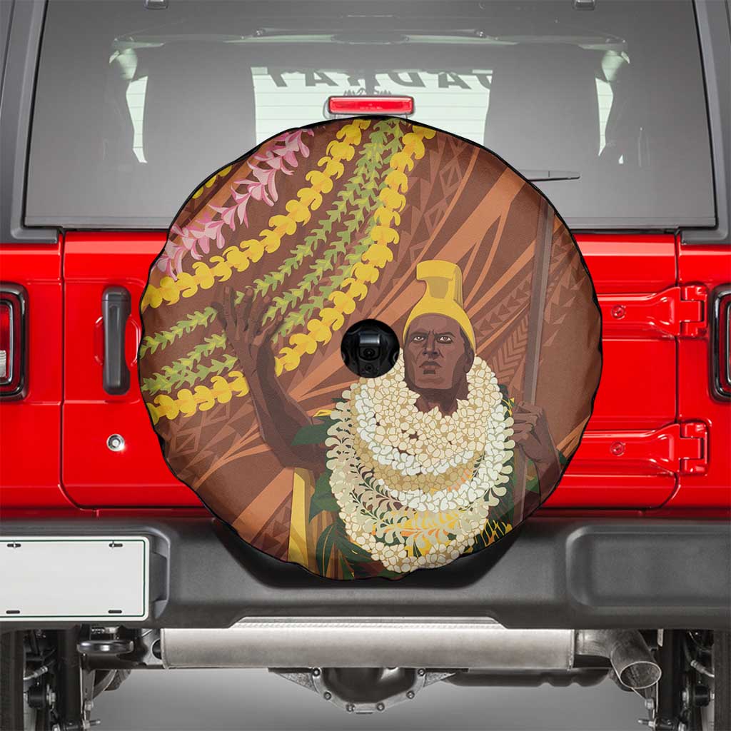Hawaii King Kamehameha Spare Tire Cover Hawaiian Kakau Pattern With Leis