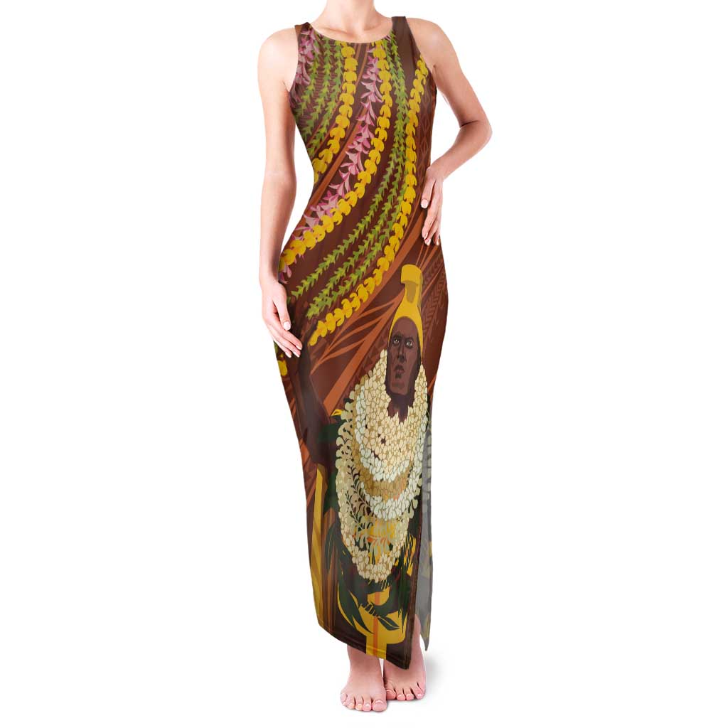 Hawaii King Kamehameha Tank Maxi Dress Hawaiian Kakau Pattern With Leis