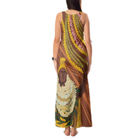 Hawaii King Kamehameha Tank Maxi Dress Hawaiian Kakau Pattern With Leis