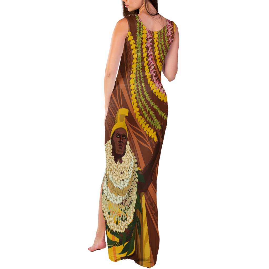 Hawaii King Kamehameha Tank Maxi Dress Hawaiian Kakau Pattern With Leis