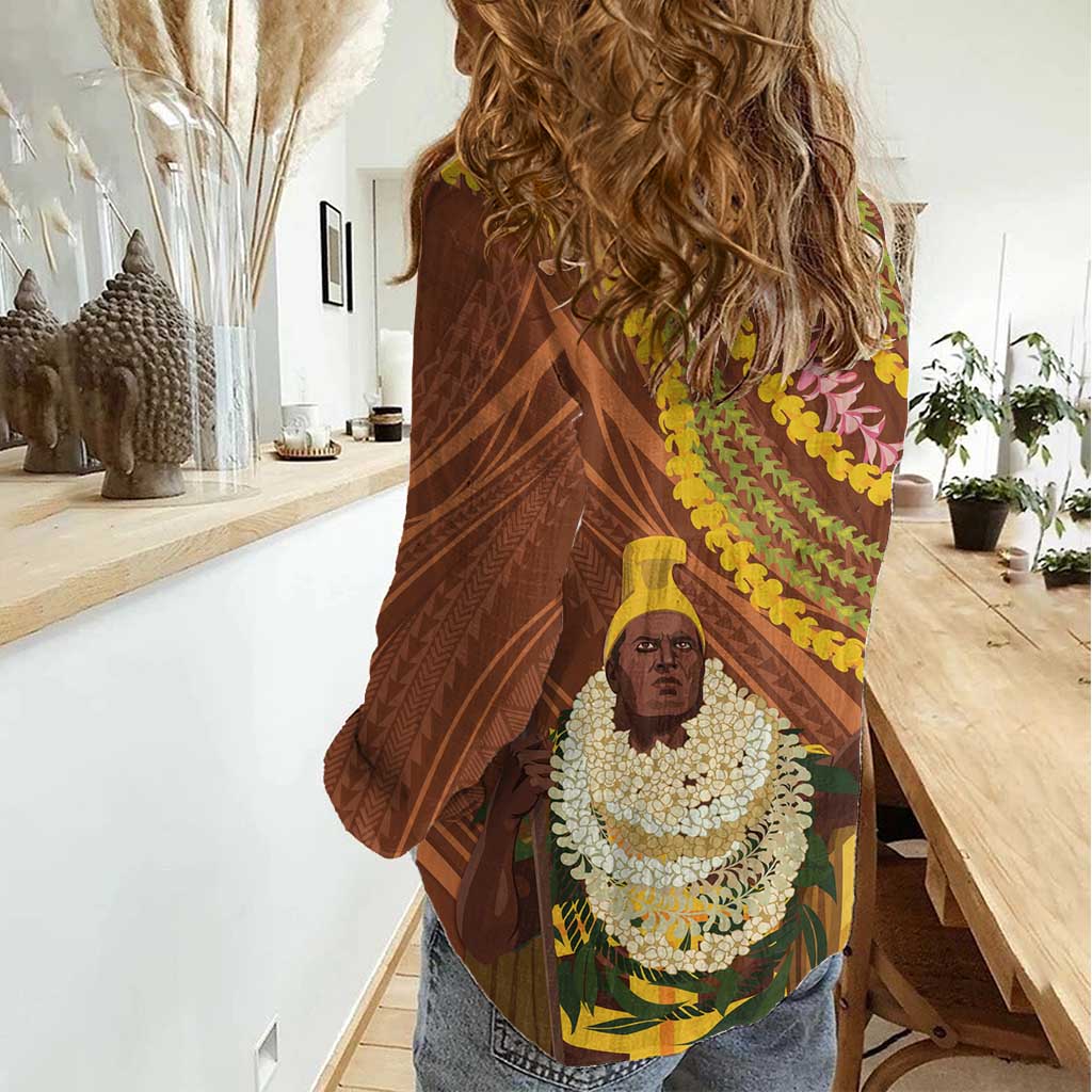 Hawaii King Kamehameha Women Casual Shirt Hawaiian Kakau Pattern With Leis
