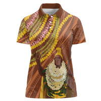 Hawaii King Kamehameha Women Polo Shirt Hawaiian Kakau Pattern With Leis LT05 Female Brown - Polynesian Pride