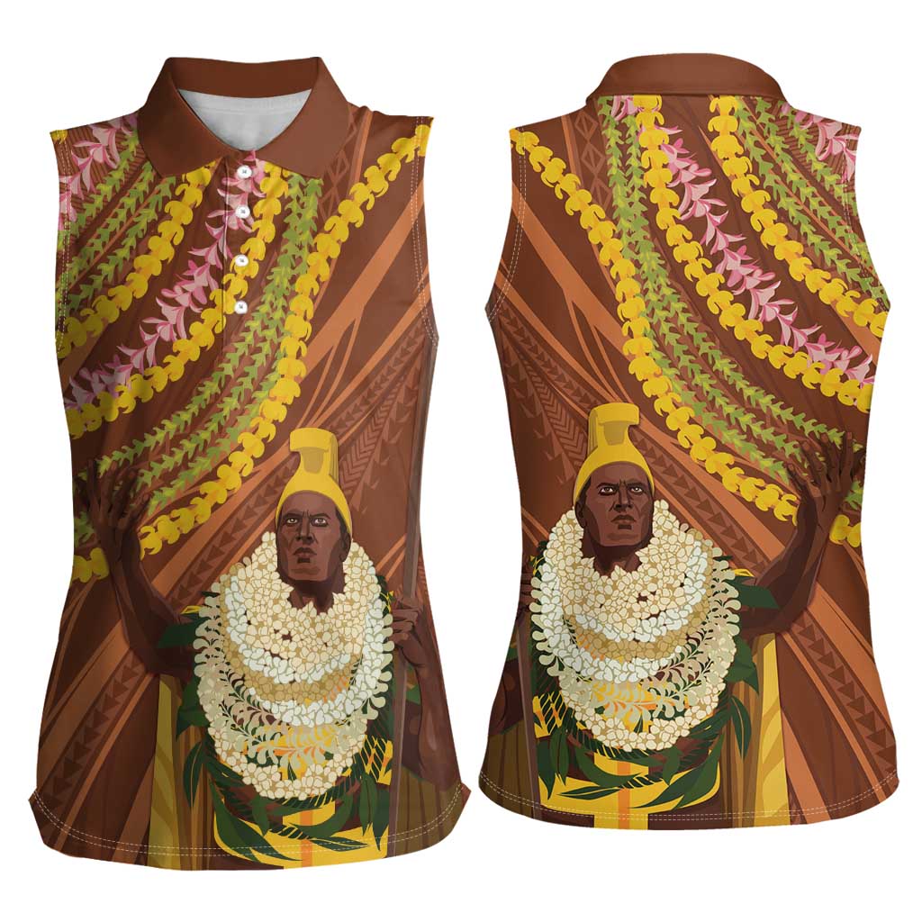 Hawaii King Kamehameha Women Sleeveless Polo Shirt Hawaiian Kakau Pattern With Leis