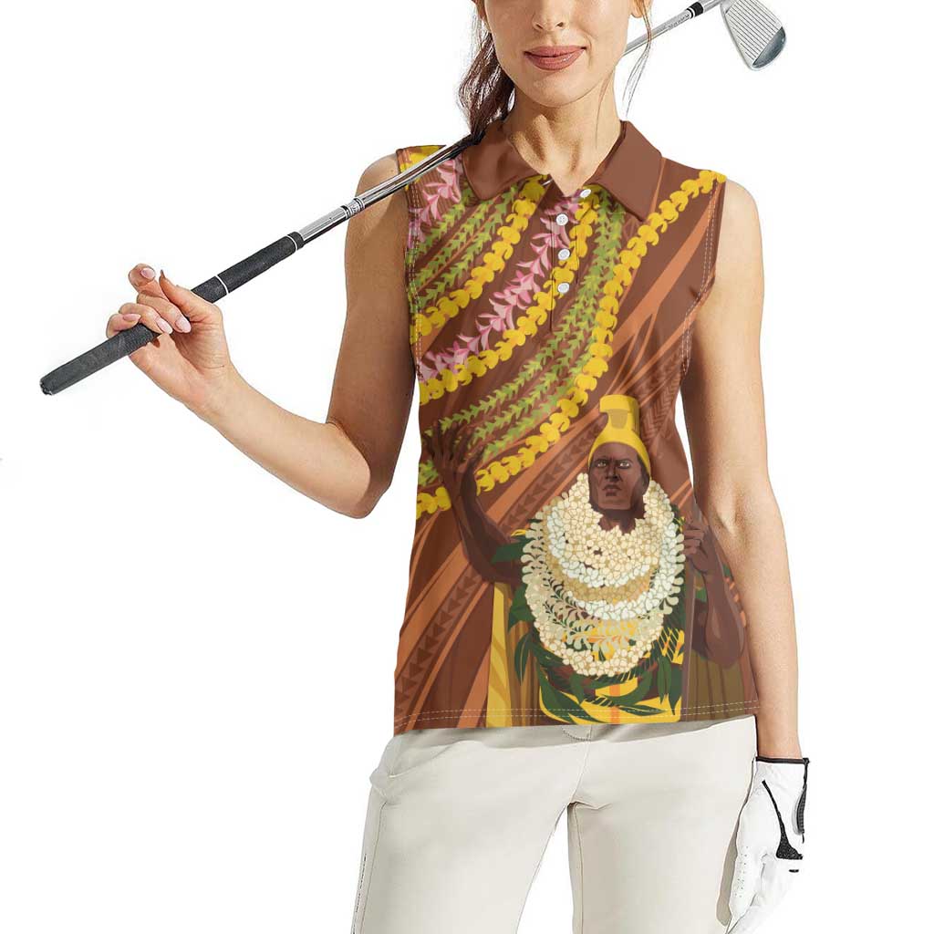 Hawaii King Kamehameha Women Sleeveless Polo Shirt Hawaiian Kakau Pattern With Leis