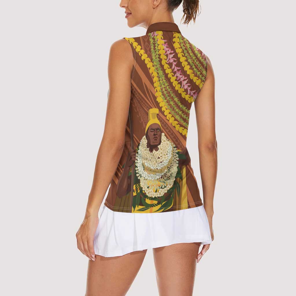 Hawaii King Kamehameha Women Sleeveless Polo Shirt Hawaiian Kakau Pattern With Leis