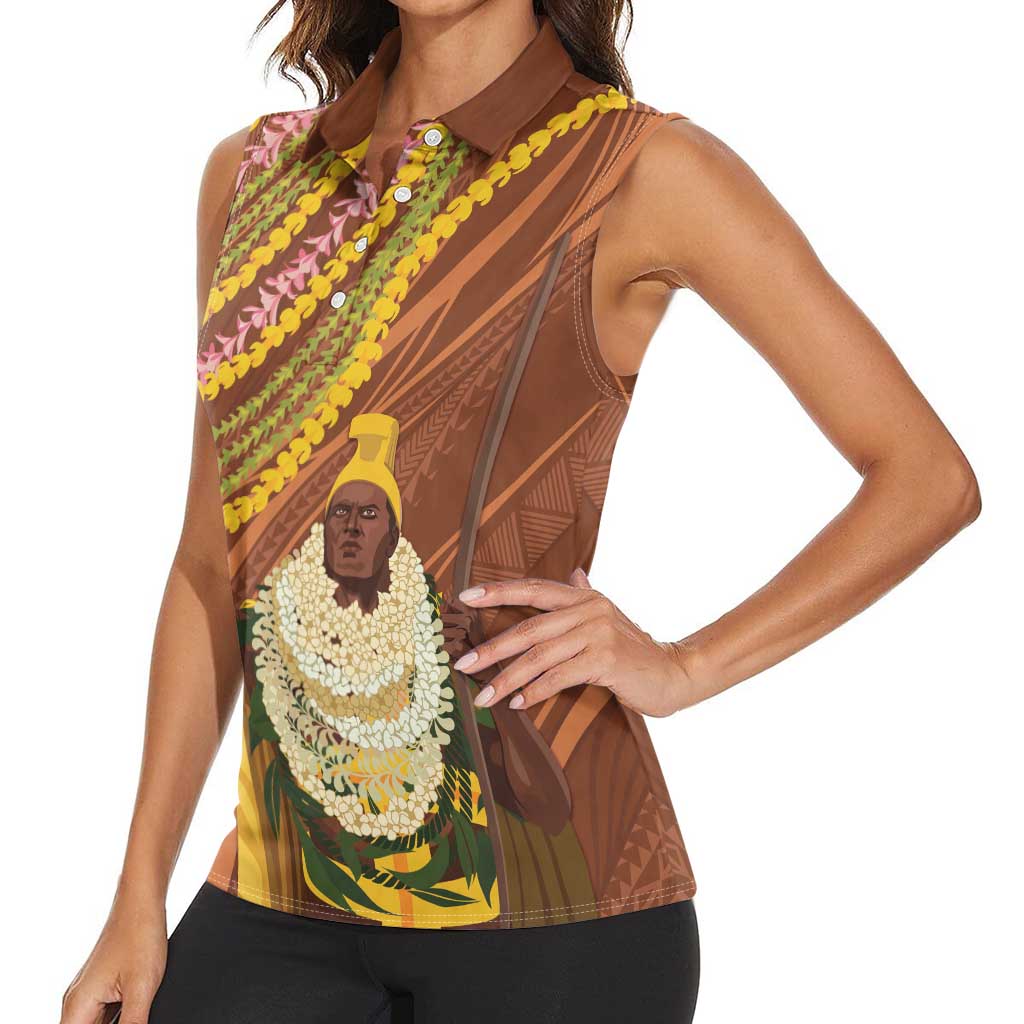 Hawaii King Kamehameha Women Sleeveless Polo Shirt Hawaiian Kakau Pattern With Leis