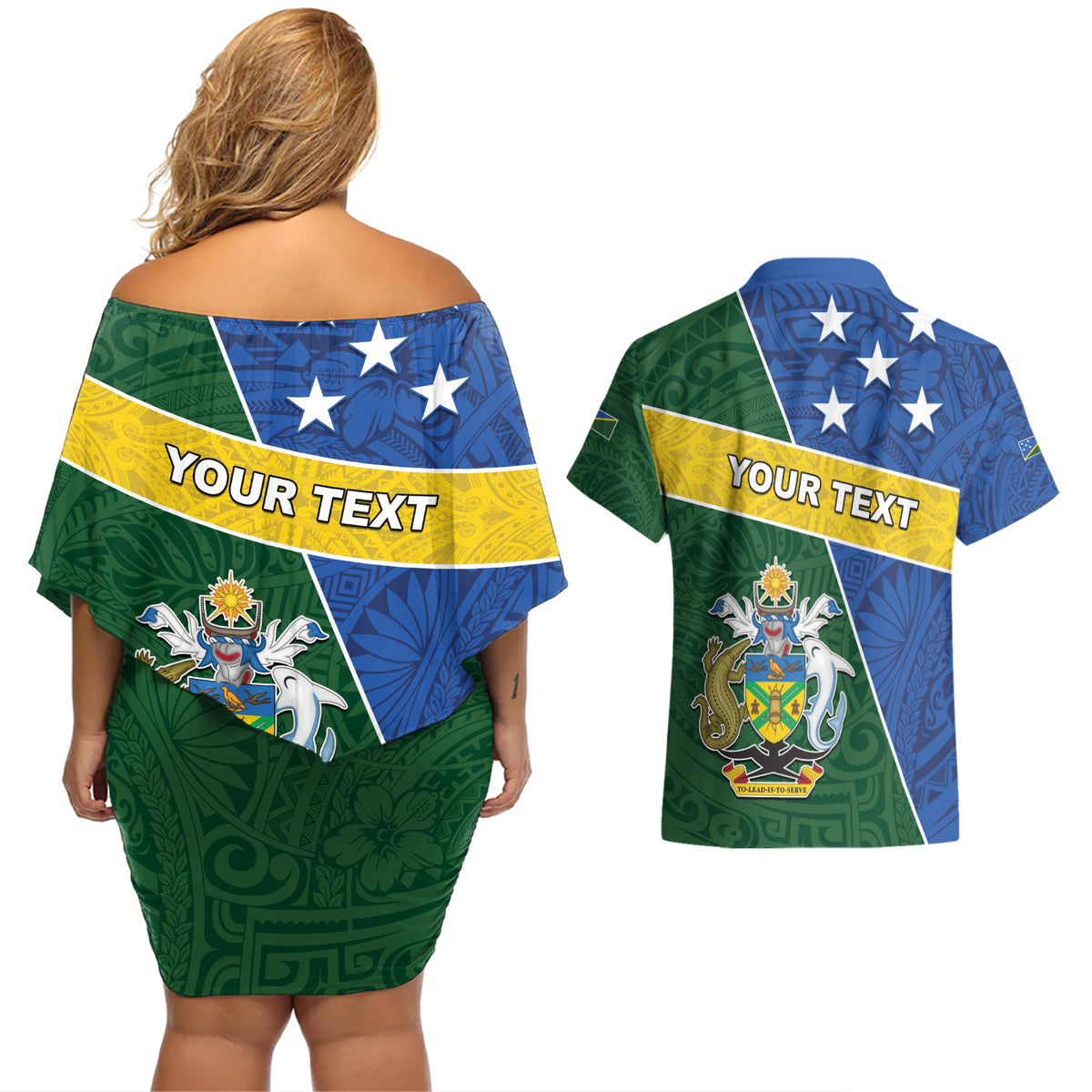 Personalised Solomon Islands Independence Day Couples Matching Off Shoulder Short Dress and Hawaiian Shirt With Coat Of Arms