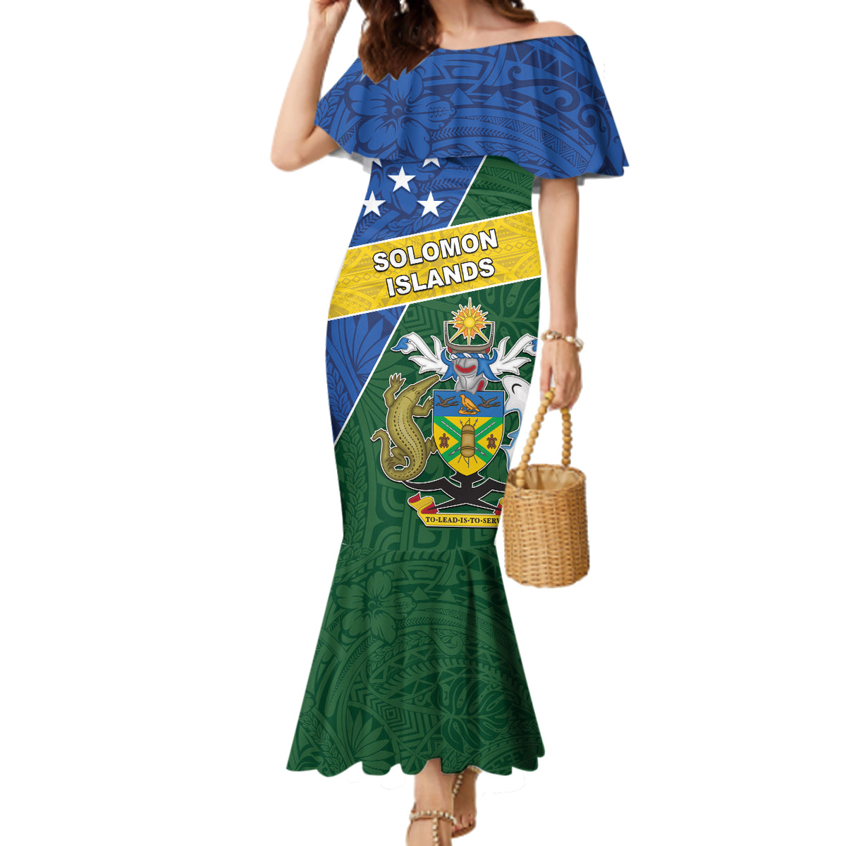 Personalised Solomon Islands Independence Day Family Matching Mermaid Dress and Hawaiian Shirt With Coat Of Arms