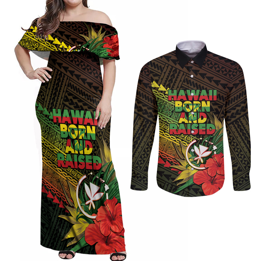 Personalized Hawaii Born and Raised Couples Matching Off Shoulder Maxi Dress and Long Sleeve Button Shirt Kanaka Maoli Flag Day