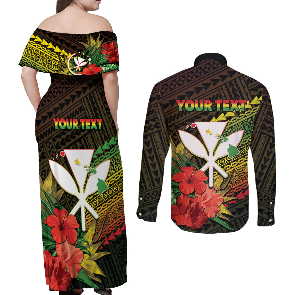 Personalized Hawaii Born and Raised Couples Matching Off Shoulder Maxi Dress and Long Sleeve Button Shirt Kanaka Maoli Flag Day