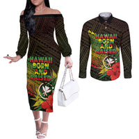 Personalized Hawaii Born and Raised Couples Matching Off The Shoulder Long Sleeve Dress and Long Sleeve Button Shirt Kanaka Maoli Flag Day