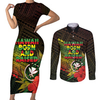 Personalized Hawaii Born and Raised Couples Matching Short Sleeve Bodycon Dress and Long Sleeve Button Shirt Kanaka Maoli Flag Day
