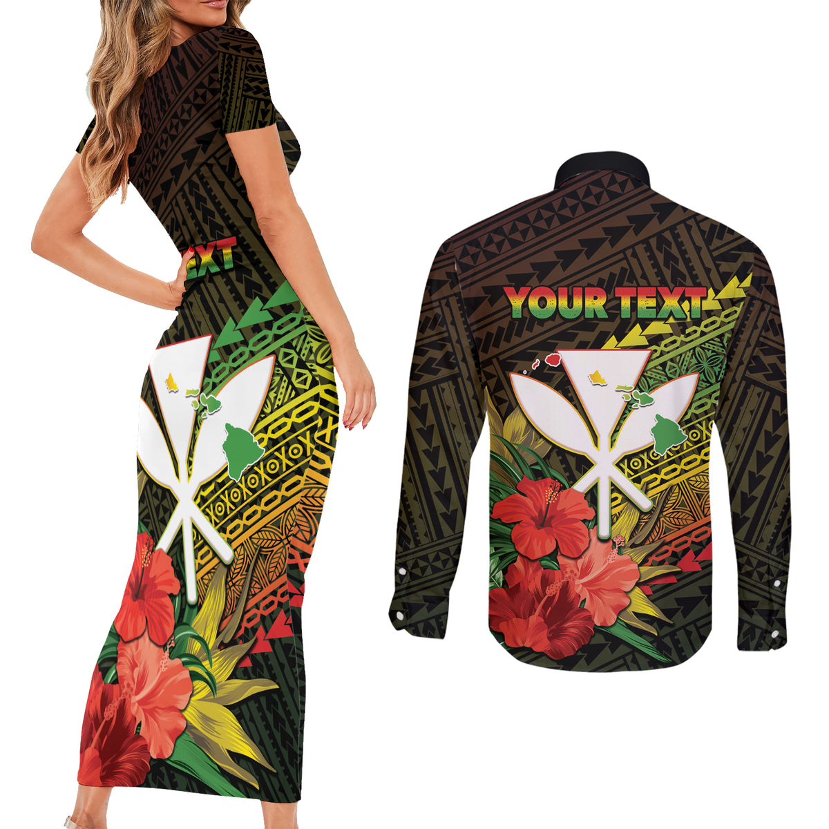 Personalized Hawaii Born and Raised Couples Matching Short Sleeve Bodycon Dress and Long Sleeve Button Shirt Kanaka Maoli Flag Day