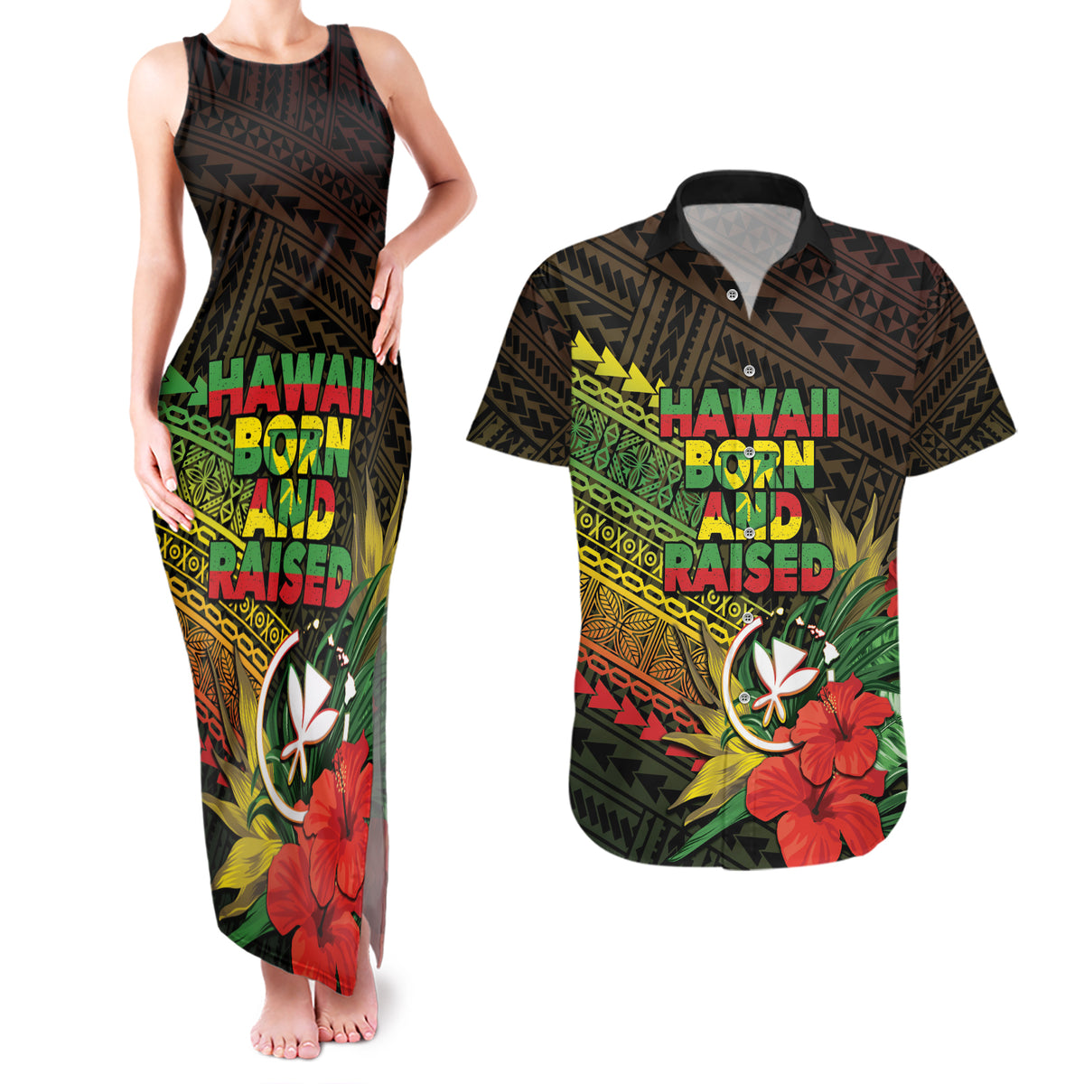 Personalized Hawaii Born and Raised Couples Matching Tank Maxi Dress and Hawaiian Shirt Kanaka Maoli Flag Day