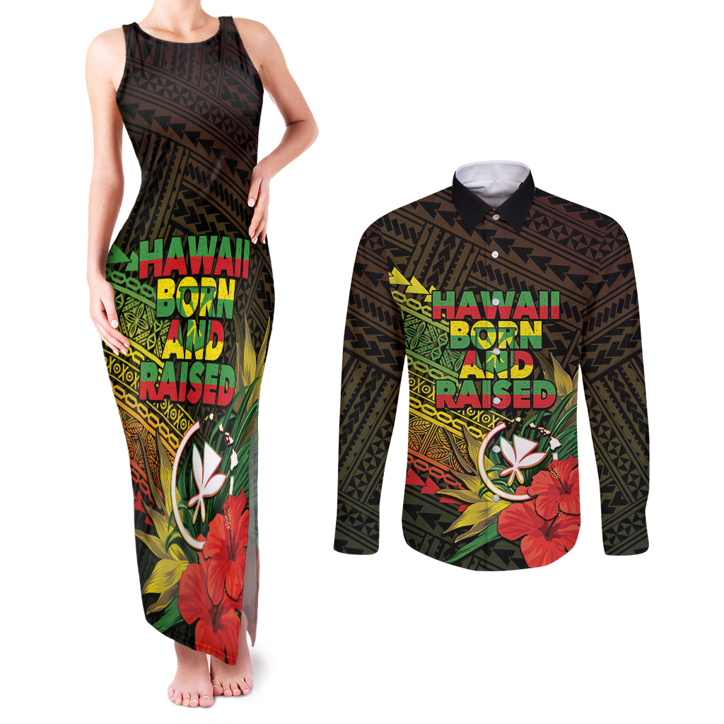 Personalized Hawaii Born and Raised Couples Matching Tank Maxi Dress and Long Sleeve Button Shirt Kanaka Maoli Flag Day