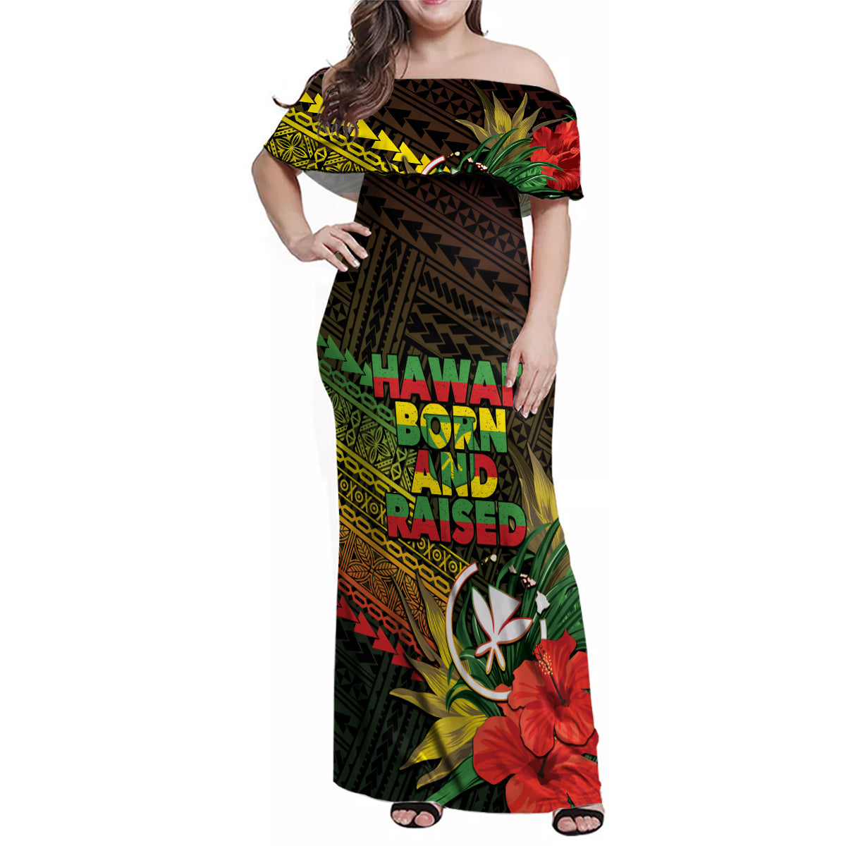 Personalized Hawaii Born and Raised Family Matching Off Shoulder Maxi Dress and Hawaiian Shirt Kanaka Maoli Flag Day
