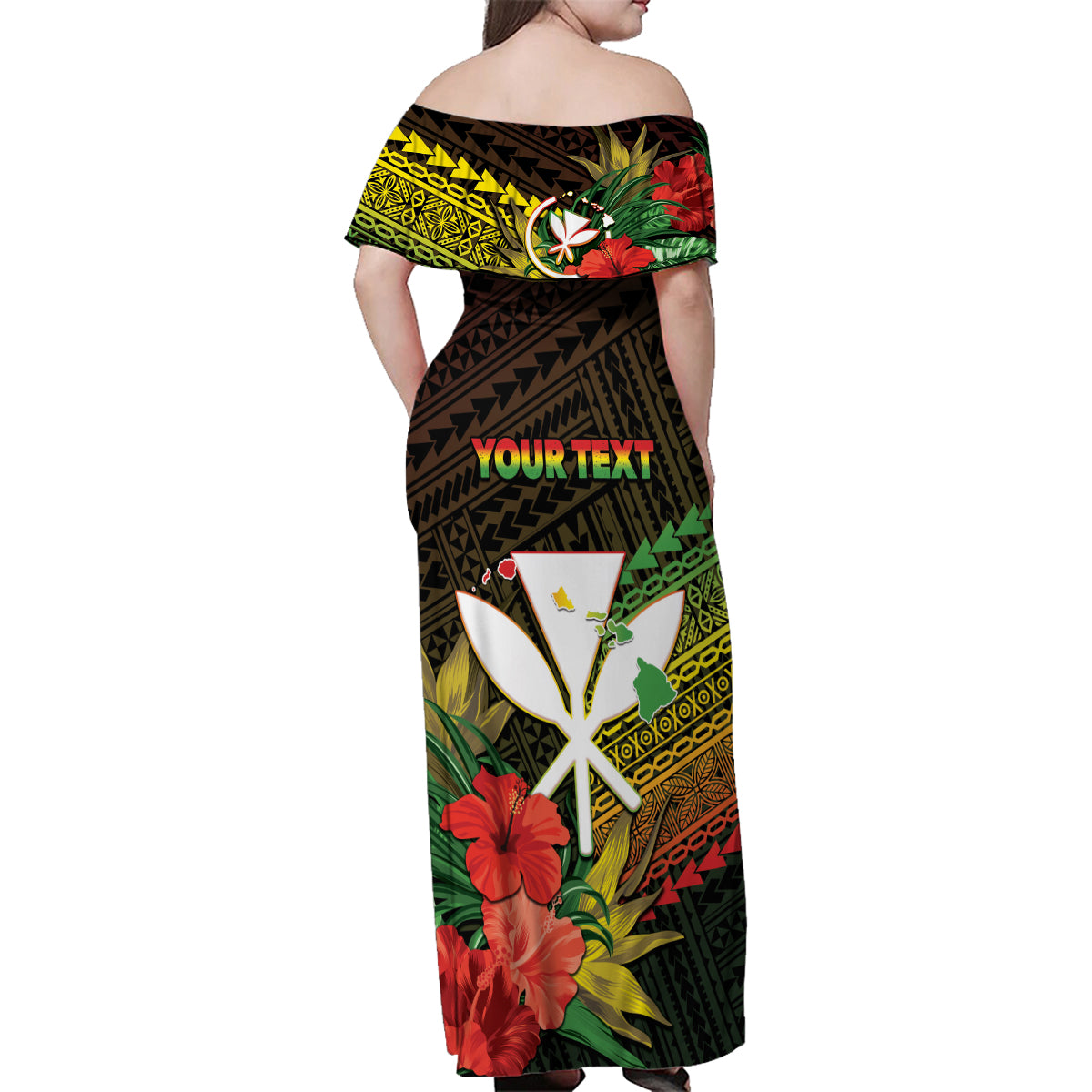 Personalized Hawaii Born and Raised Family Matching Off Shoulder Maxi Dress and Hawaiian Shirt Kanaka Maoli Flag Day
