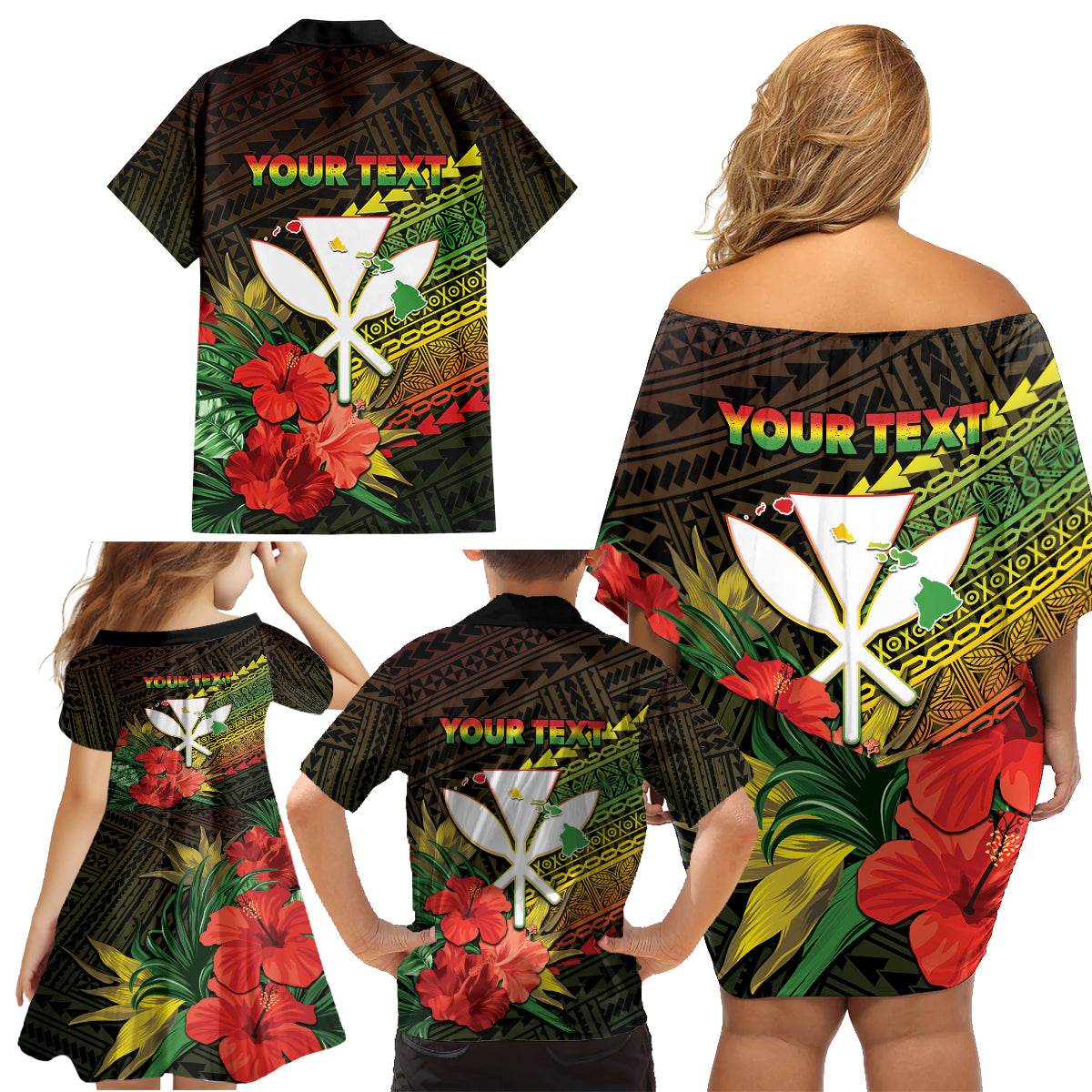Personalized Hawaii Born and Raised Family Matching Off Shoulder Short Dress and Hawaiian Shirt Kanaka Maoli Flag Day