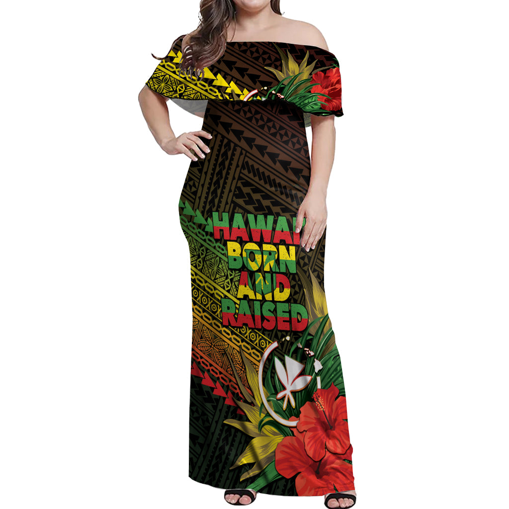 Personalized Hawaii Born and Raised Off Shoulder Maxi Dress Kanaka Maoli Flag Day