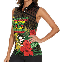 Personalized Hawaii Born and Raised Women Sleeveless Polo Shirt Kanaka Maoli Flag Day
