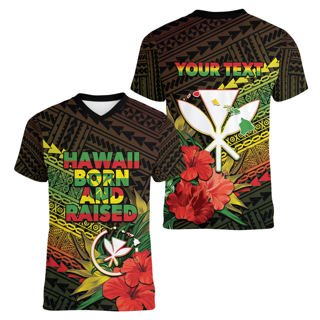 Personalized Hawaii Born and Raised Women V-Neck T-Shirt Kanaka Maoli Flag Day