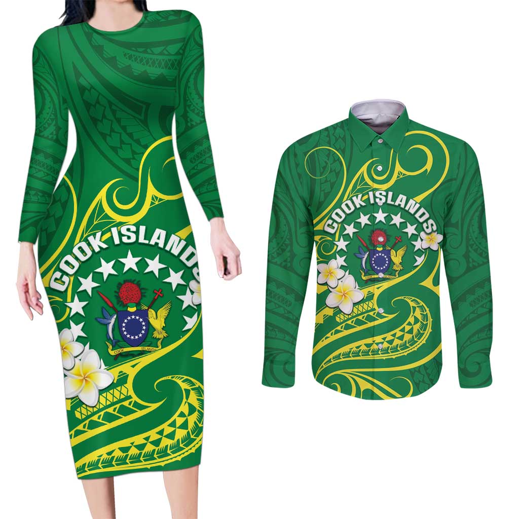 Cook Islands Happy Constitution Day Couples Matching Long Sleeve Bodycon Dress and Long Sleeve Button Shirt Pattern Tribal Art