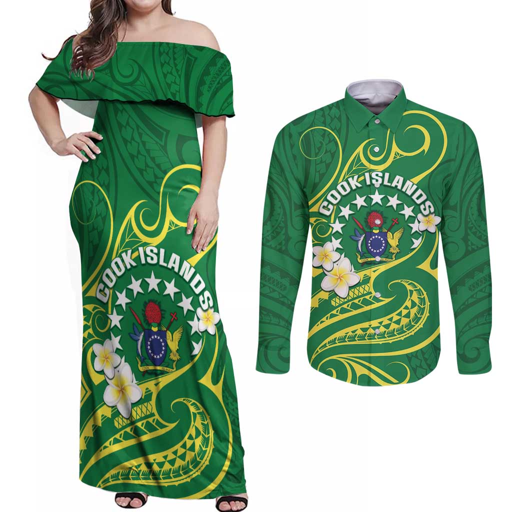 Cook Islands Happy Constitution Day Couples Matching Off Shoulder Maxi Dress and Long Sleeve Button Shirt Pattern Tribal Art