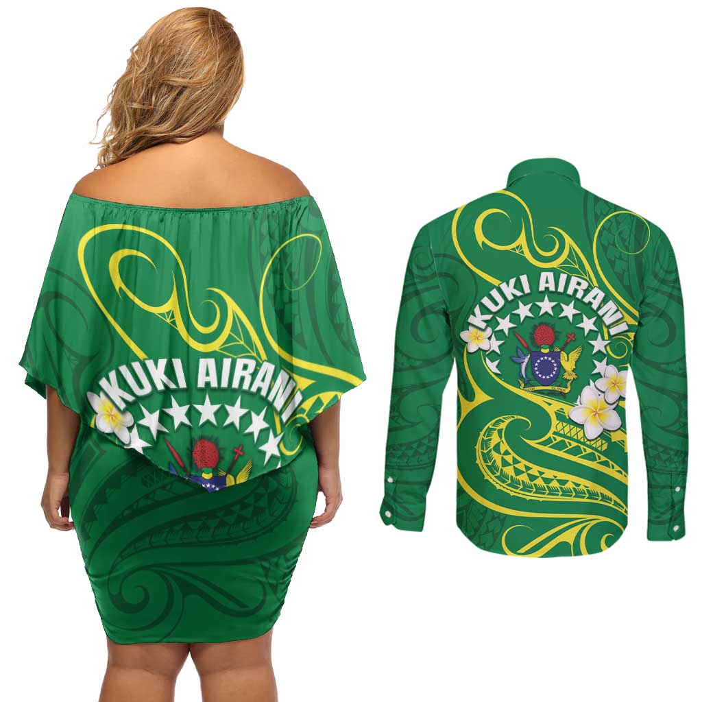 Cook Islands Happy Constitution Day Couples Matching Off Shoulder Short Dress and Long Sleeve Button Shirt Pattern Tribal Art