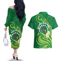 Cook Islands Happy Constitution Day Couples Matching Off The Shoulder Long Sleeve Dress and Hawaiian Shirt Pattern Tribal Art