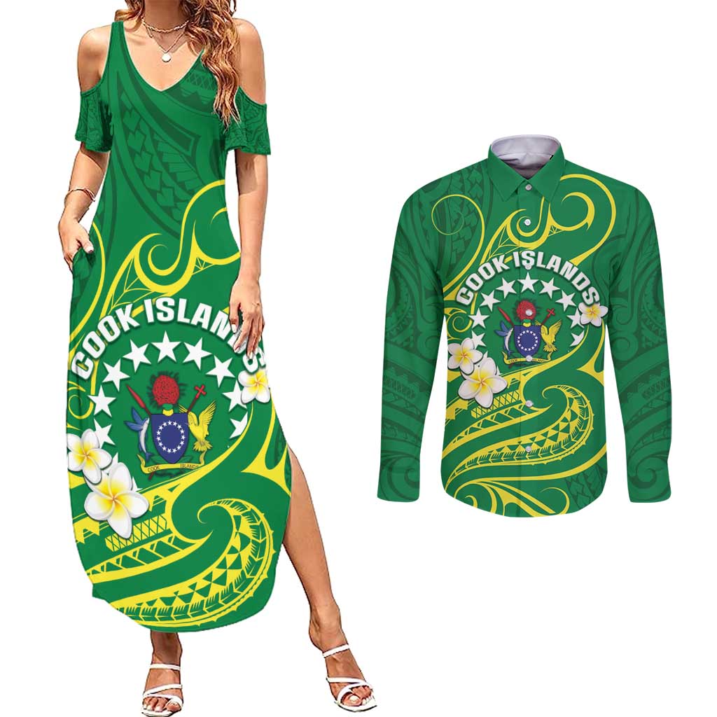 Cook Islands Happy Constitution Day Couples Matching Summer Maxi Dress and Long Sleeve Button Shirt Pattern Tribal Art
