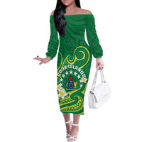 Cook Islands Happy Constitution Day Off The Shoulder Long Sleeve Dress Pattern Tribal Art LT05 Women Green - Polynesian Pride