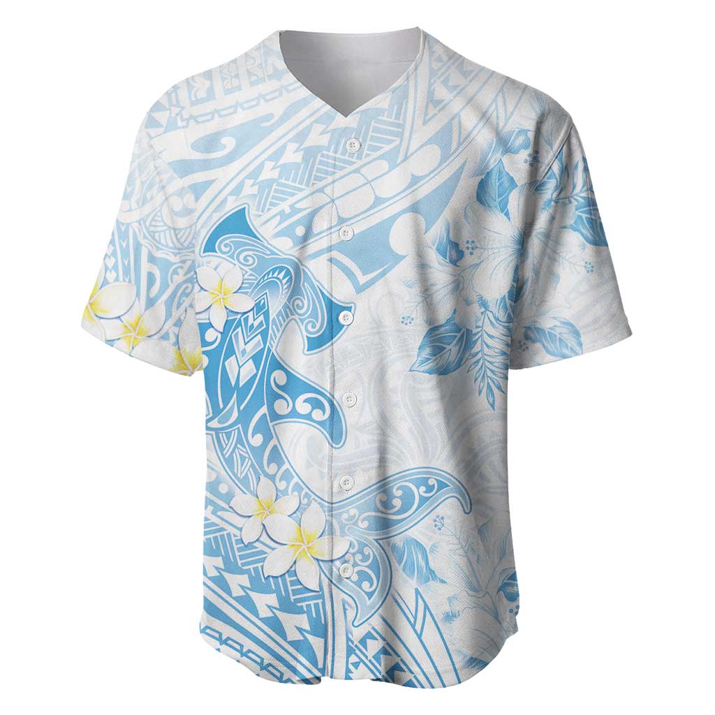 Polynesia Hammerhead Shark Baseball Jersey Tropical Flowers Tribal Pattern Blue LT05 Blue - Polynesian Pride