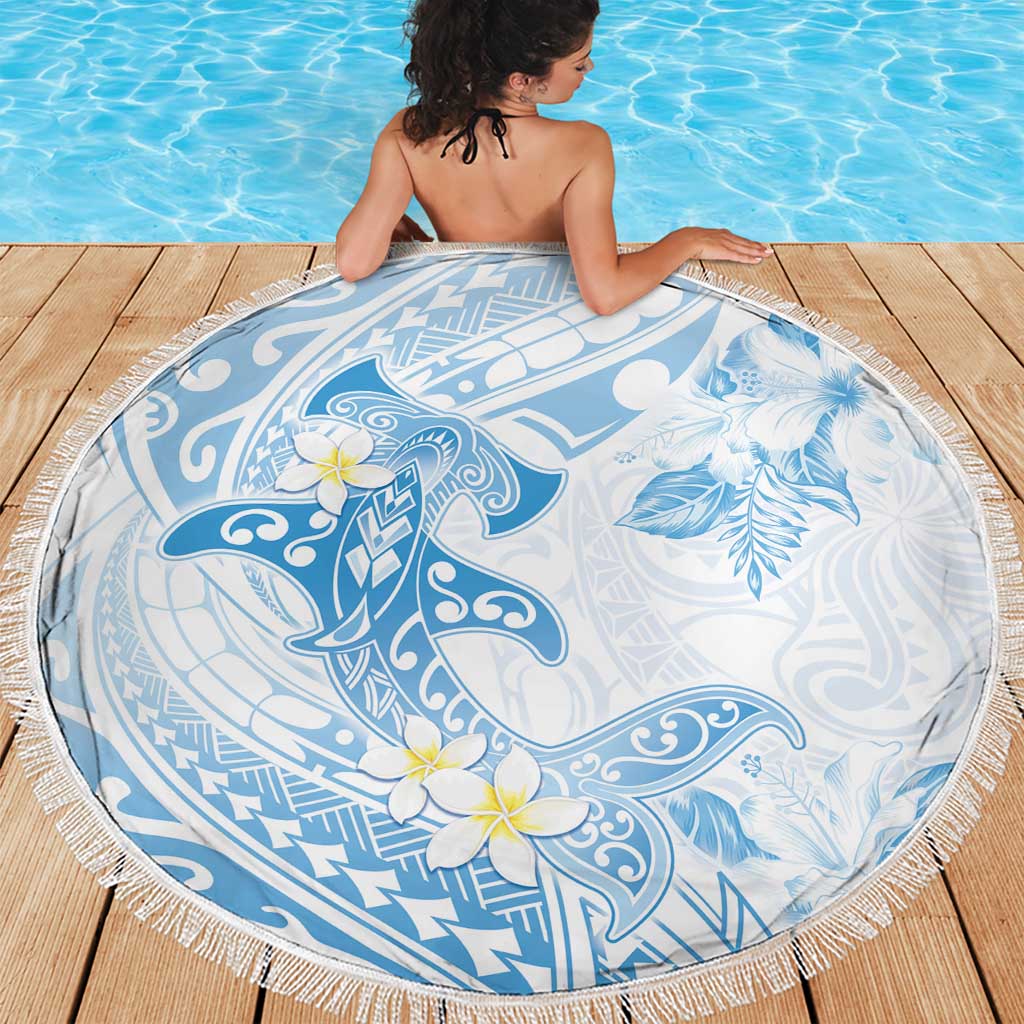 Polynesia Hammerhead Shark Beach Blanket Tropical Flowers Tribal Pattern Blue