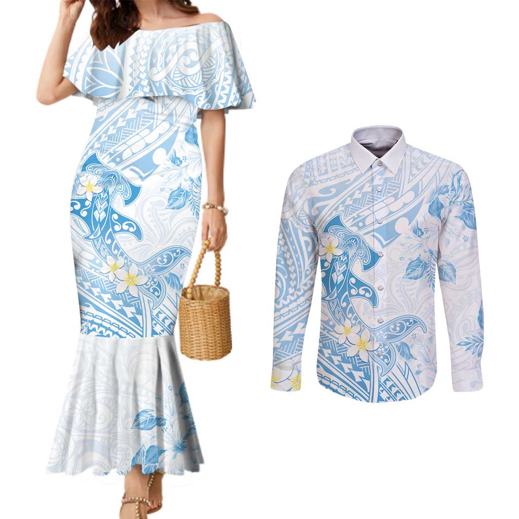 Polynesia Hammerhead Shark Couples Matching Mermaid Dress and Long Sleeve Button Shirt Tropical Flowers Tribal Pattern Blue