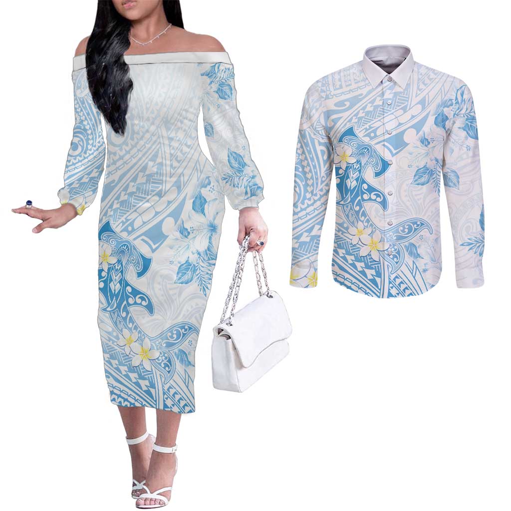 Polynesia Hammerhead Shark Couples Matching Off The Shoulder Long Sleeve Dress and Long Sleeve Button Shirt Tropical Flowers Tribal Pattern Blue