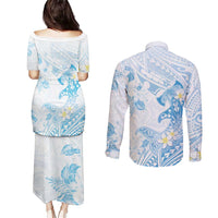 Polynesia Hammerhead Shark Couples Matching Puletasi and Long Sleeve Button Shirt Tropical Flowers Tribal Pattern Blue