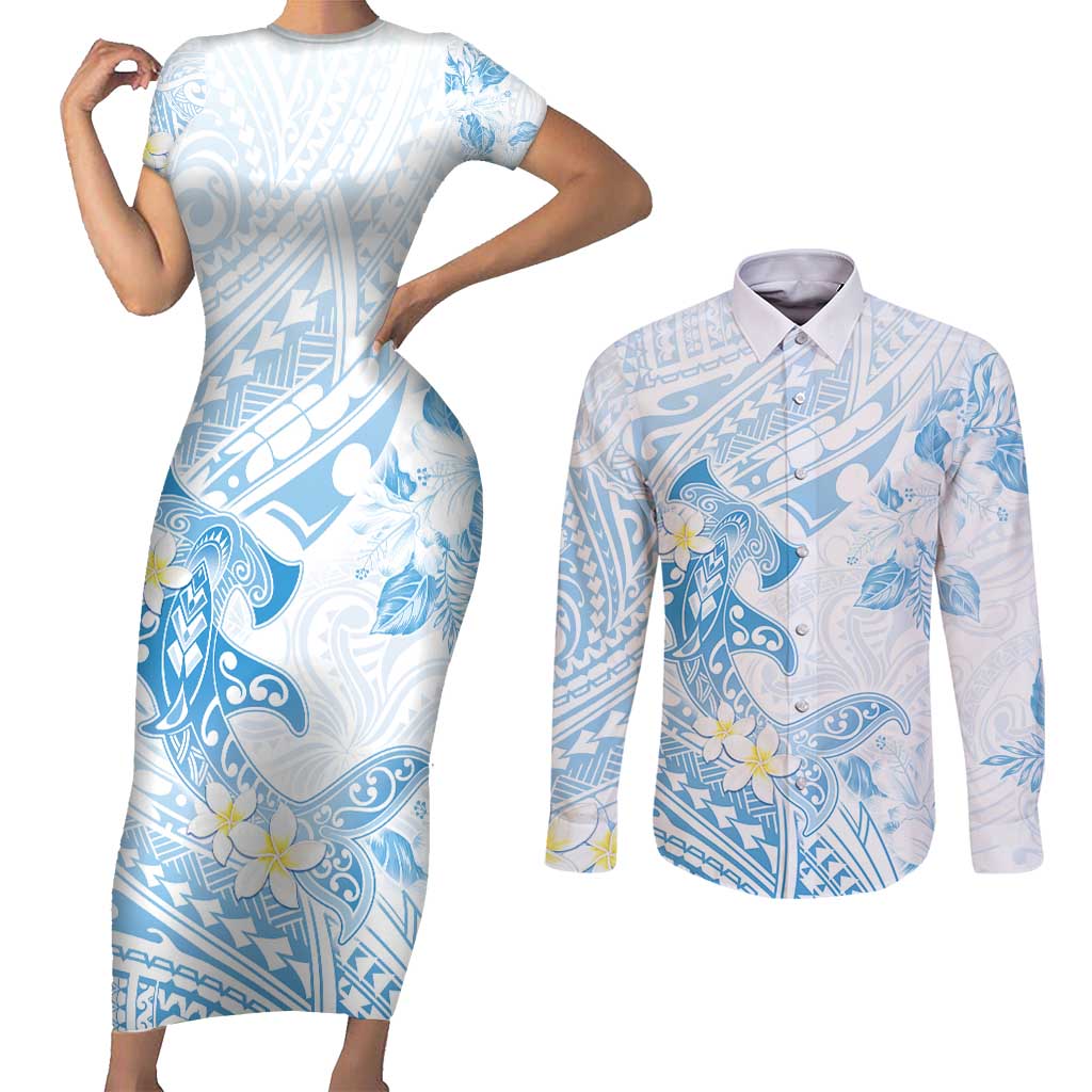 Polynesia Hammerhead Shark Couples Matching Short Sleeve Bodycon Dress and Long Sleeve Button Shirt Tropical Flowers Tribal Pattern Blue