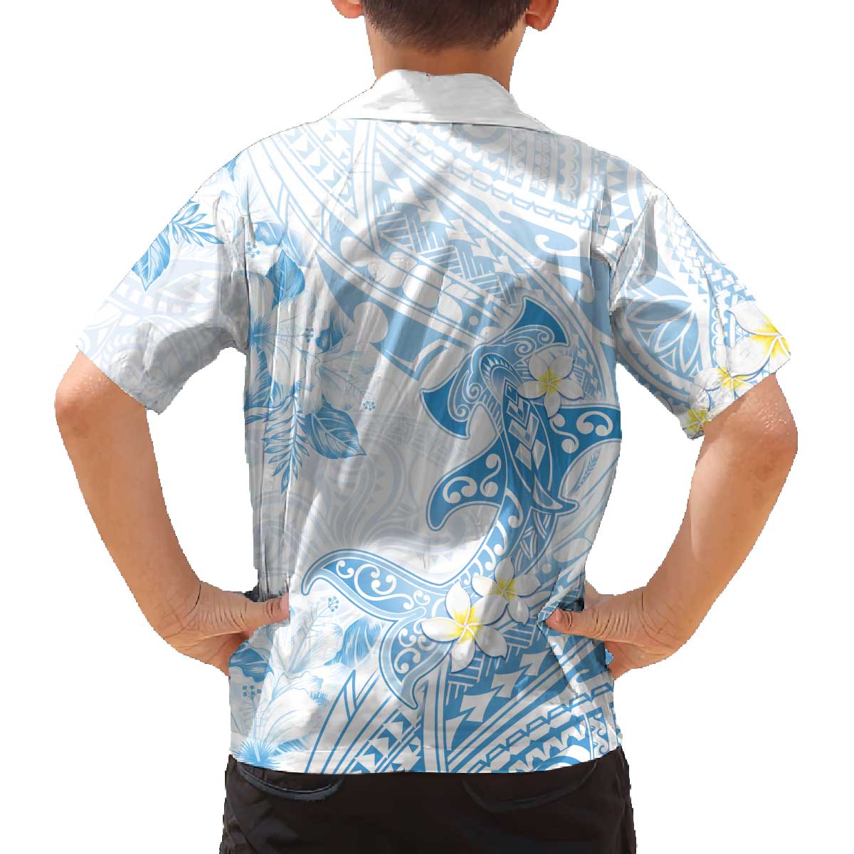 Polynesia Hammerhead Shark Family Matching Off Shoulder Short Dress and Hawaiian Shirt Tropical Flowers Tribal Pattern Blue