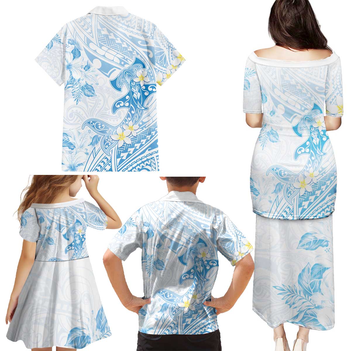Polynesia Hammerhead Shark Family Matching Puletasi and Hawaiian Shirt Tropical Flowers Tribal Pattern Blue