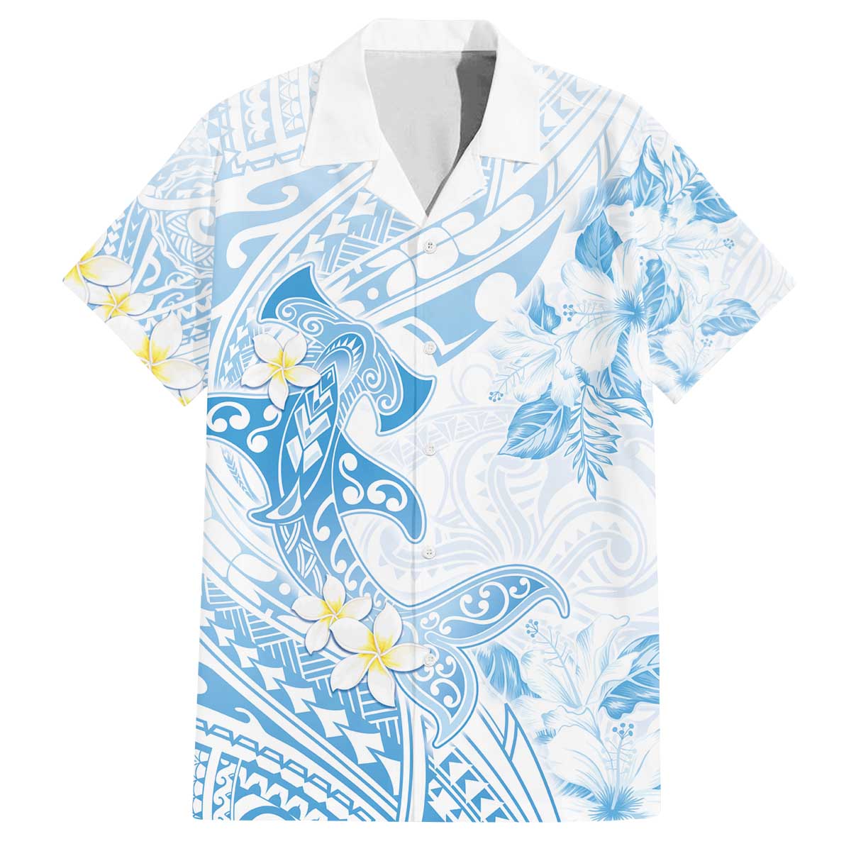 Polynesia Hammerhead Shark Family Matching Puletasi and Hawaiian Shirt Tropical Flowers Tribal Pattern Blue
