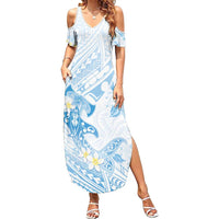 Polynesia Hammerhead Shark Family Matching Summer Maxi Dress and Hawaiian Shirt Tropical Flowers Tribal Pattern Blue