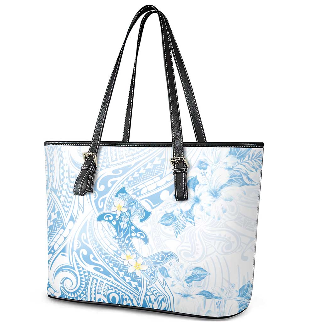 Polynesia Hammerhead Shark Leather Tote Bag Tropical Flowers Tribal Pattern Blue