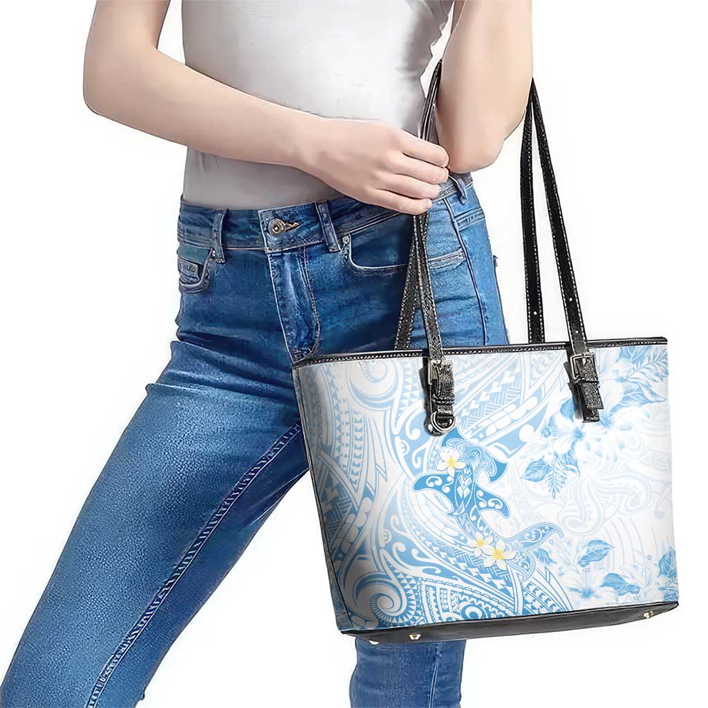 Polynesia Hammerhead Shark Leather Tote Bag Tropical Flowers Tribal Pattern Blue