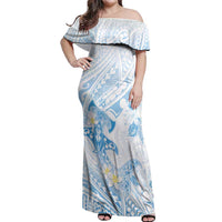 Polynesia Hammerhead Shark Off Shoulder Maxi Dress Tropical Flowers Tribal Pattern Blue