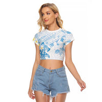 Polynesia Hammerhead Shark Raglan Cropped T Shirt Tropical Flowers Tribal Pattern Blue