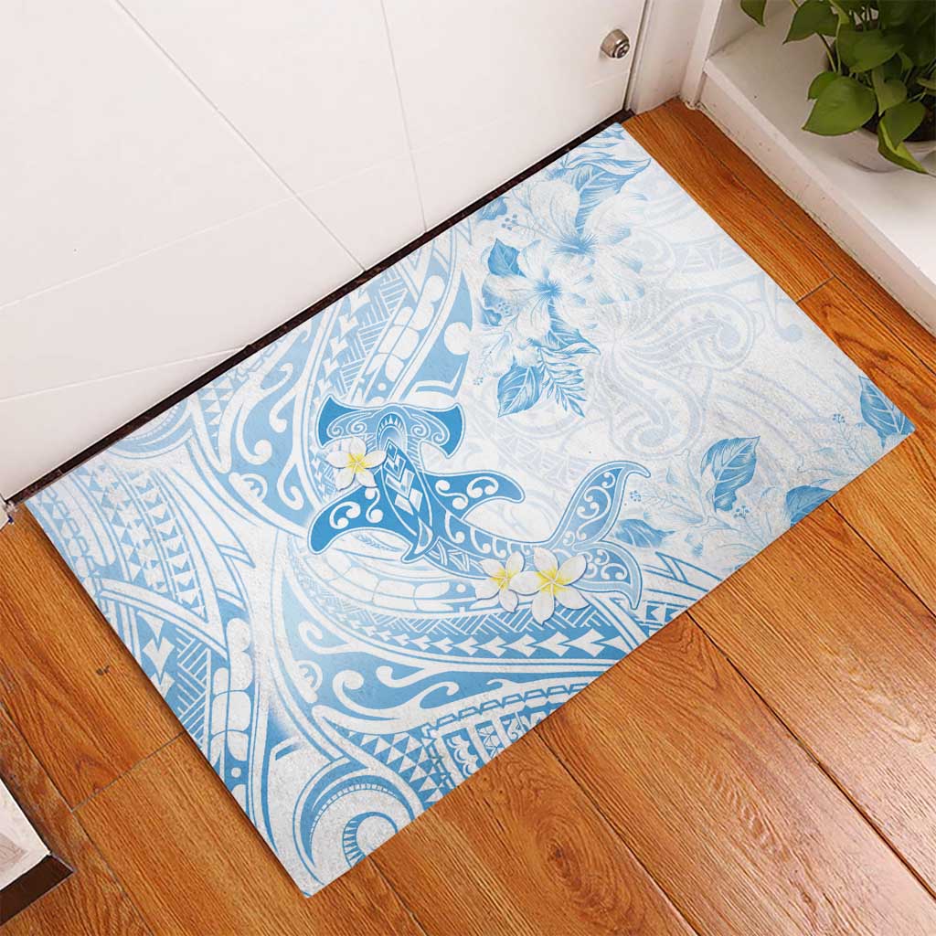 Polynesia Hammerhead Shark Rubber Doormat Tropical Flowers Tribal Pattern Blue