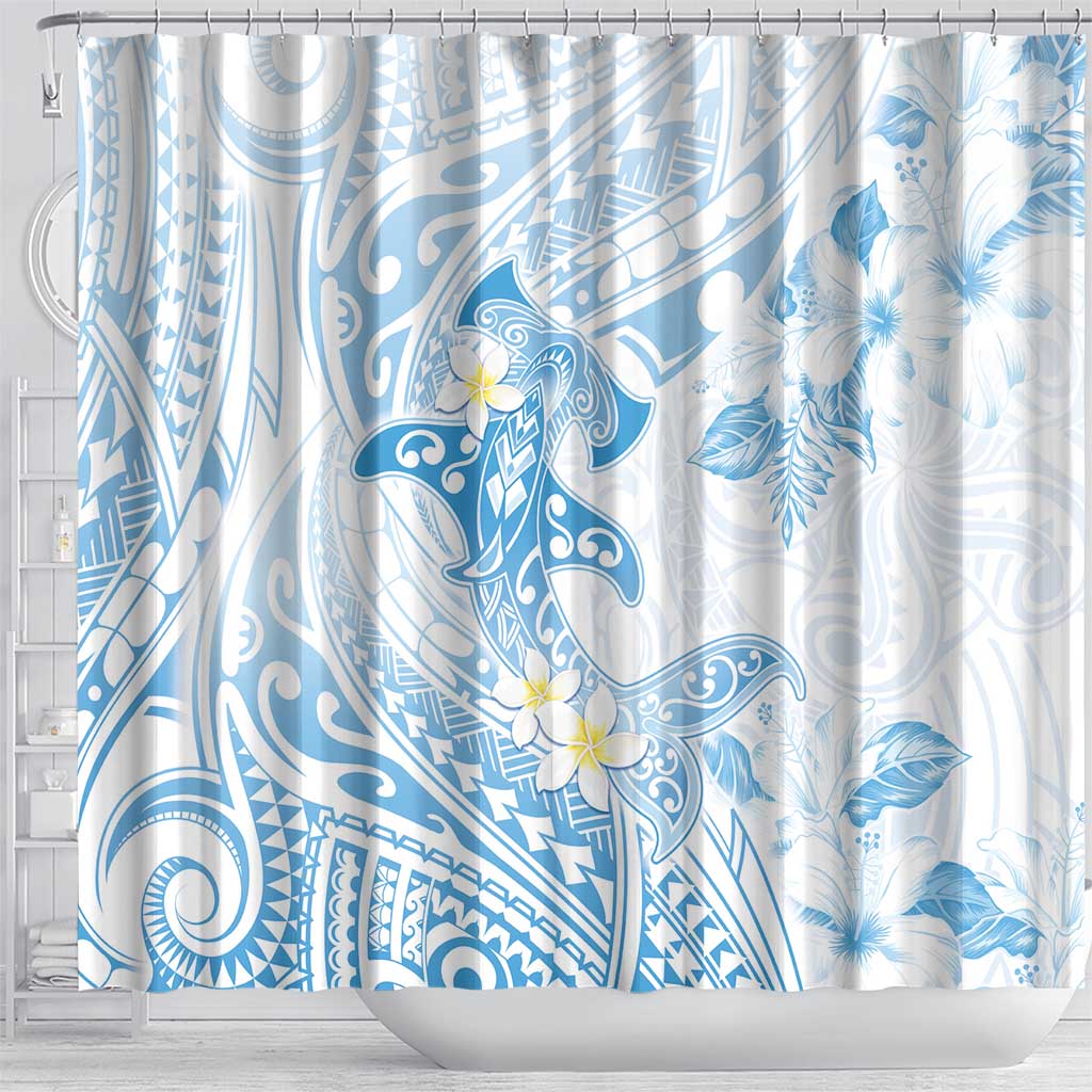 Polynesia Hammerhead Shark Shower Curtain Tropical Flowers Tribal Pattern Blue