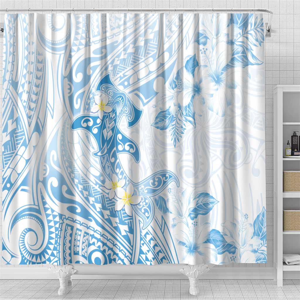 Polynesia Hammerhead Shark Shower Curtain Tropical Flowers Tribal Pattern Blue