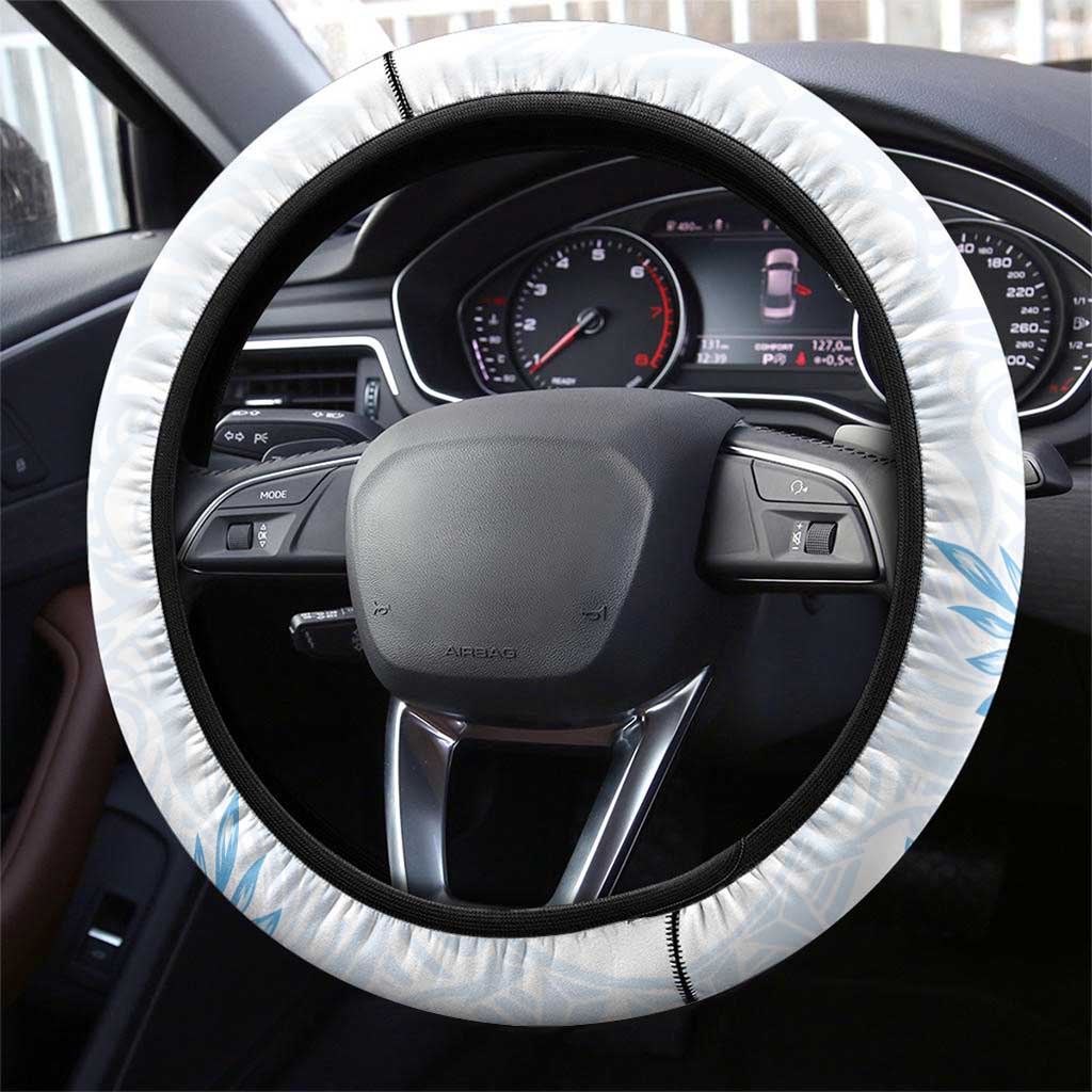 Polynesia Hammerhead Shark Steering Wheel Cover Tropical Flowers Tribal Pattern Blue