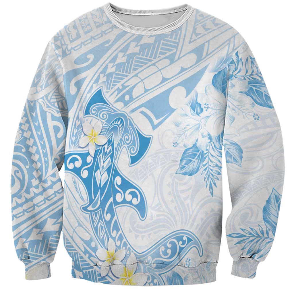 Polynesia Hammerhead Shark Sweatshirt Tropical Flowers Tribal Pattern Blue LT05 Unisex Blue - Polynesian Pride